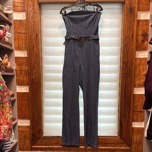 Bebe Blue Jumpsuit with Square Neckline and Defined Waist